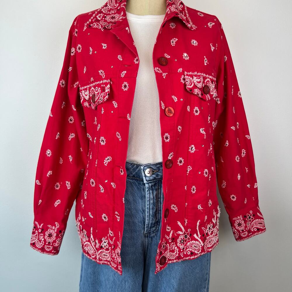 The Quacker Factory Paisley Western Jacket Red Beaded Bedazzled Bandana (Sz S) - Picture 13 of 16
